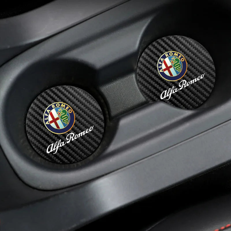 2Pcs For Alfa Romeo Giulia Stelvio 156 Tonale Brera Giulietta Disco Vola Car Carbon Leather Water Cup Pad Anti-noise Coaster Mat