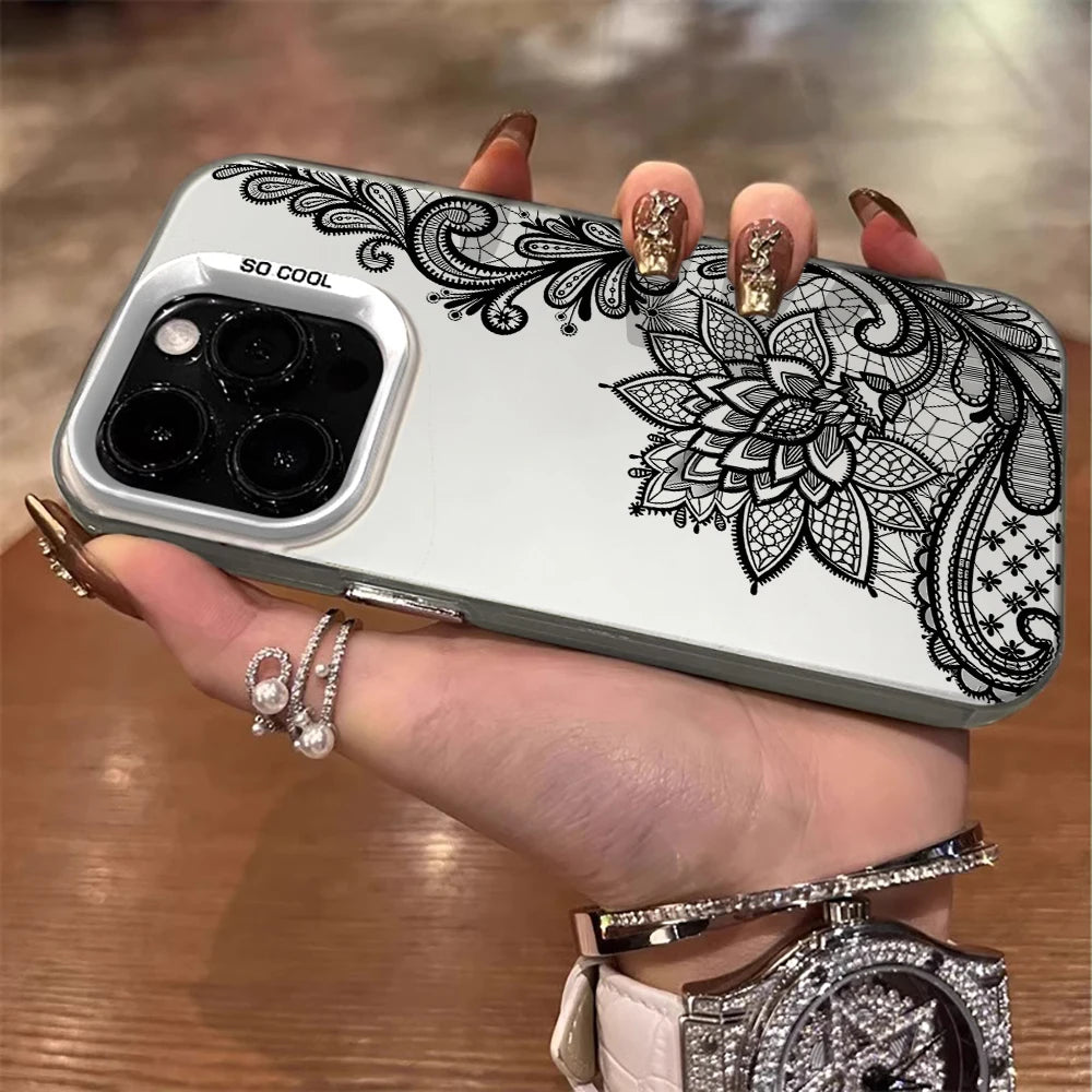 Lace Flowers Fashion Case For iPhone 16 17 15 Pro Max Cases iPhone 17 11 12 13 ProMax 14 15 16 Plus 8 XS XR Shockproof IMD Cover