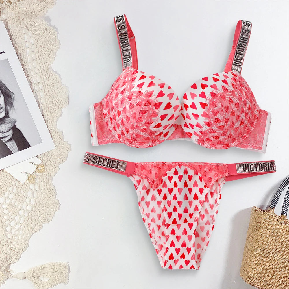 2025 New V Women's Sexy S Lingerie Set Heart Pattern Trim Stretchy Breathable underwear Set Lace Bralette Bra and Panty Set