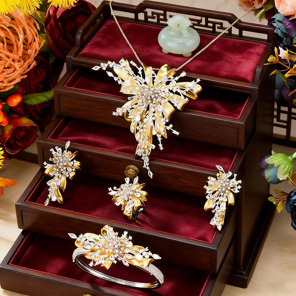 GODKI Famous Brand 4PCS Bicolor Flower African Jewelry Set For Women Wedding Party Zircon Crystal Dubai Bridal Jewelry Set Gift
