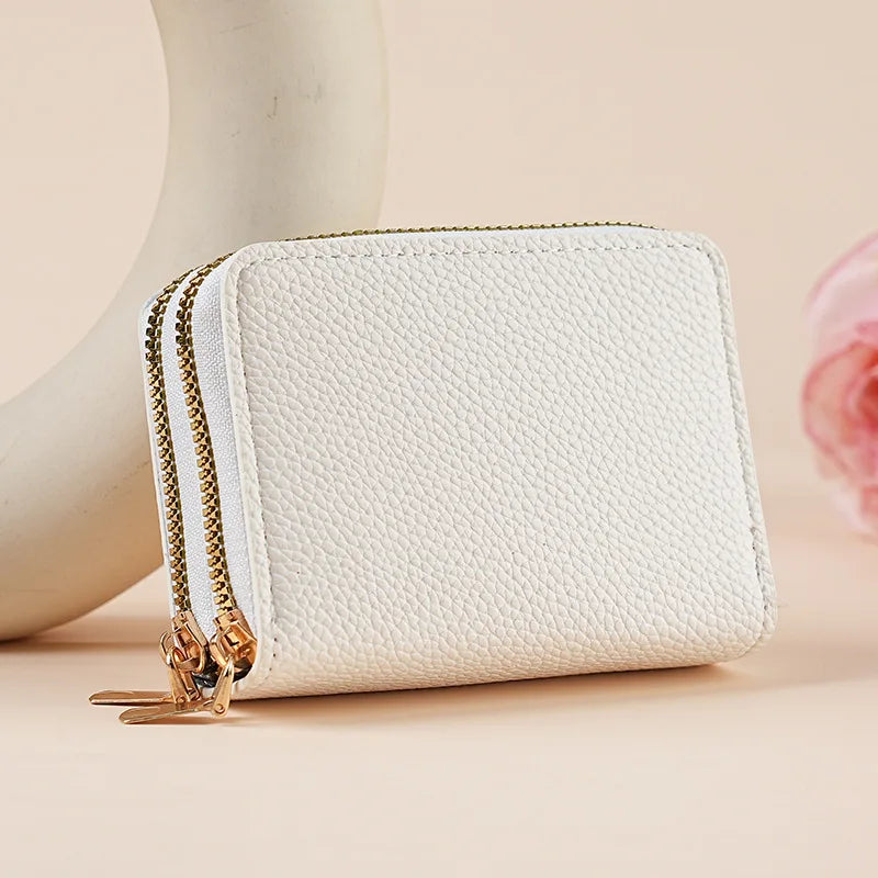 Mickey Minnie Women's Double Zipper Wallet Lychee Pattern Fashion Short Credit Card Holder with Large Capacity Coin Purse