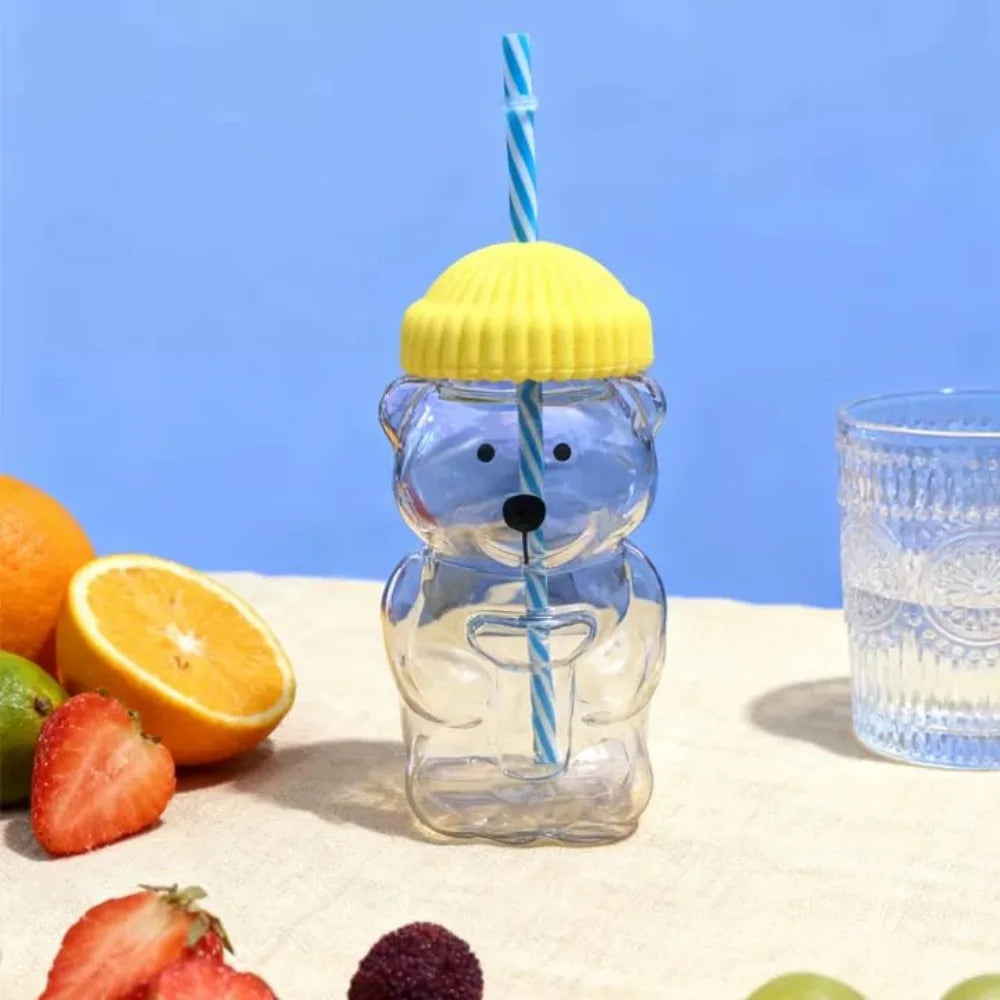 Cute 2025 Bear Glass Cup Transparent Large Capacity Glass Cup with Straw With Lid Bear Straw Cup Home Bar
