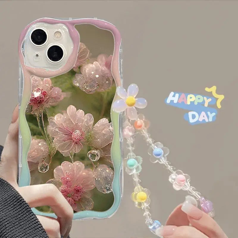 Phone Case For iPhone 17 16 15 Pro Max 14 11 13 12 Mini Plus 16E 17 Air IPhone17 Back Cover Flower Bracelet Wrist Chain Strap