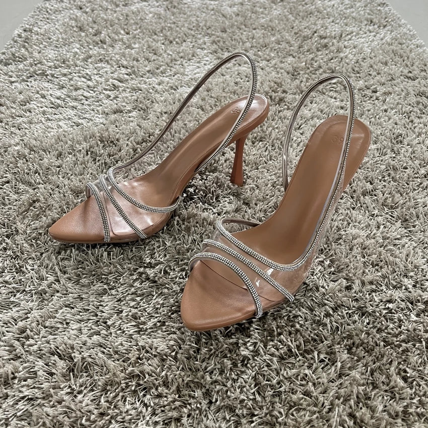 2025 Women Summer Rhinestone Slingback Pumps Office Lady Transparent Heeled Sandals Elegant Pointed Toe Female Sexy High Heels