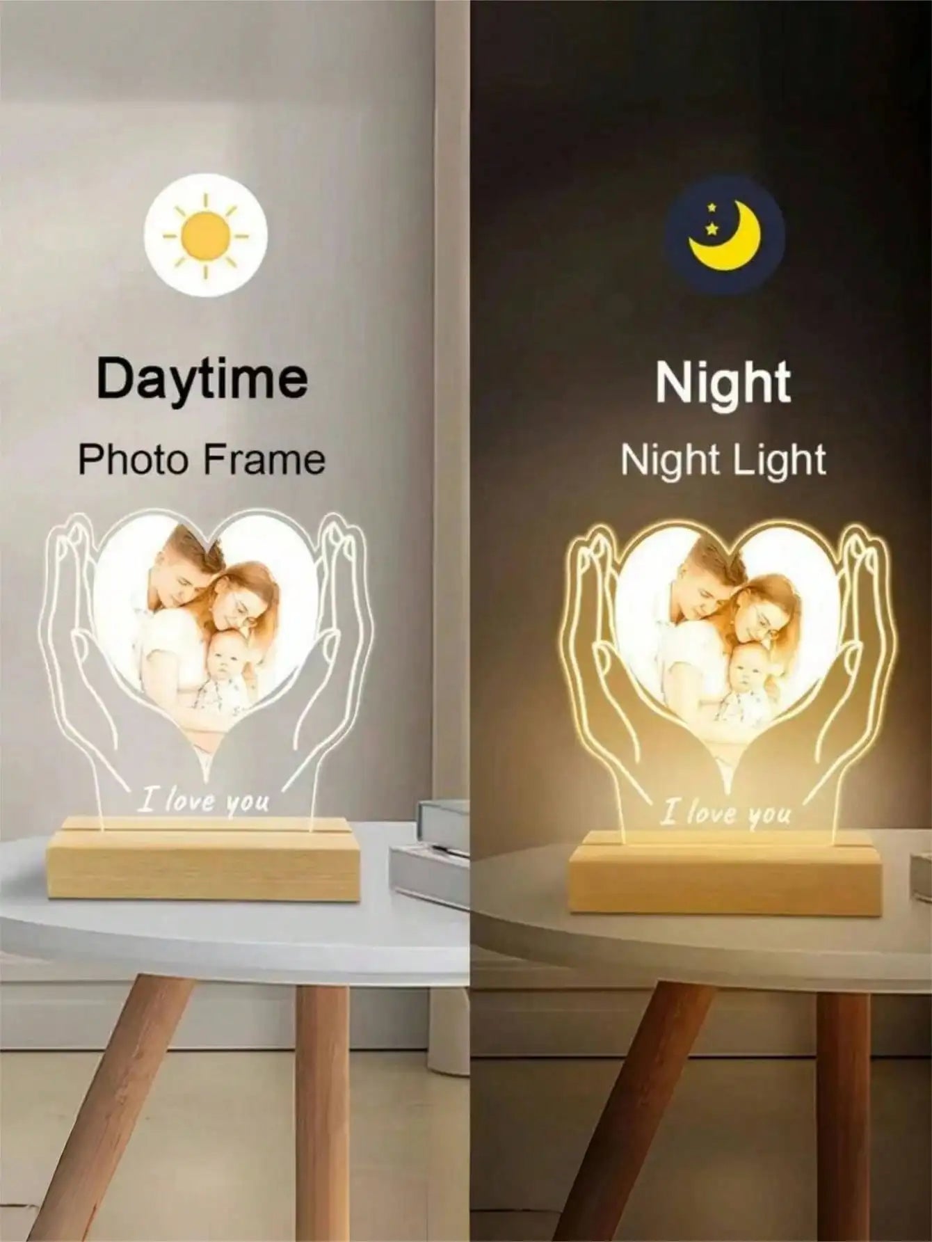 Personalized photo LED night light acrylic heart plaque wooden frame night light, baby ultrasound images, mother-to-be souvenirs
