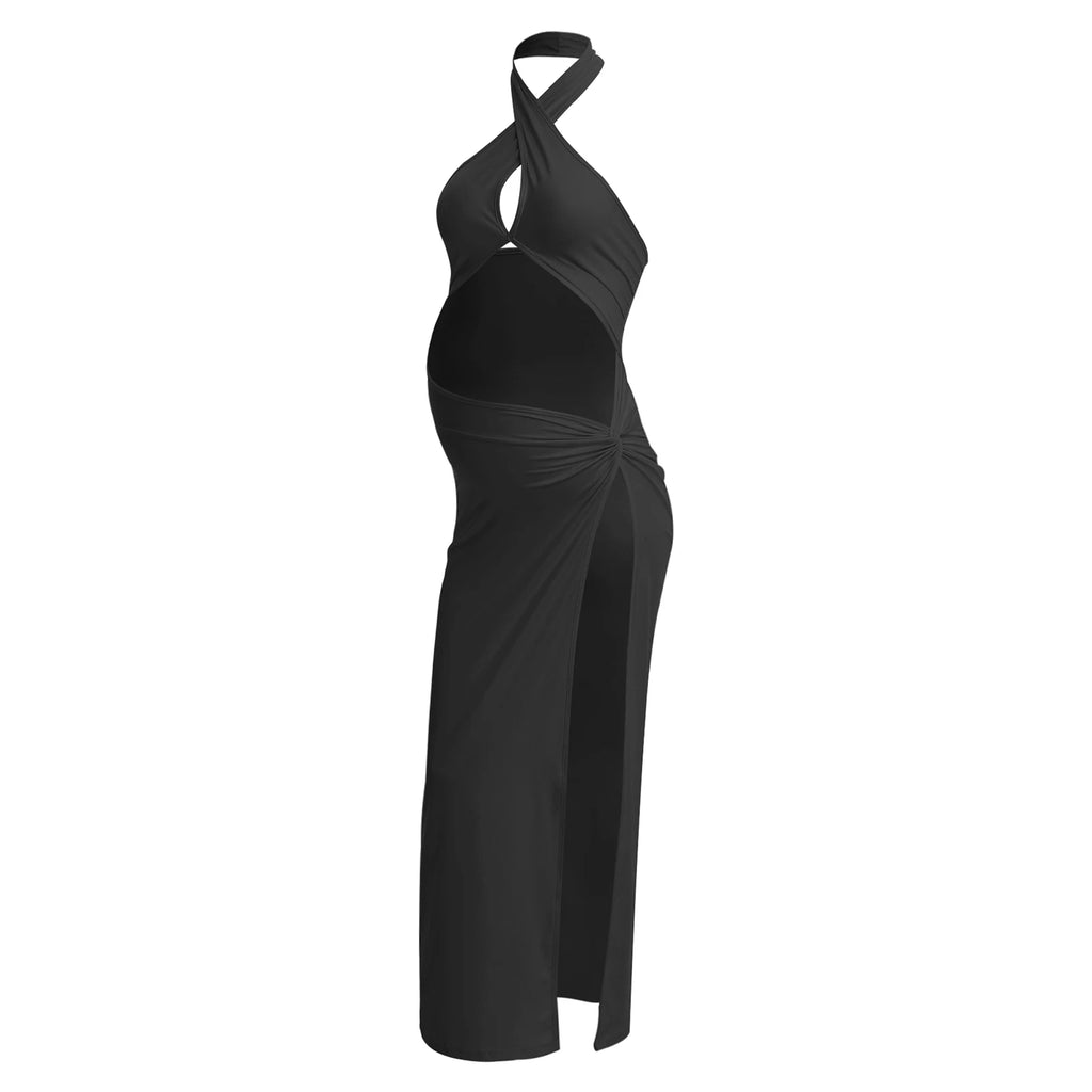 Elegant Maternity Knitted Dress Solid Color Short Sleeve Split Dresses Pregnancy Women Clothes Wedding Party Casual Daily Wear