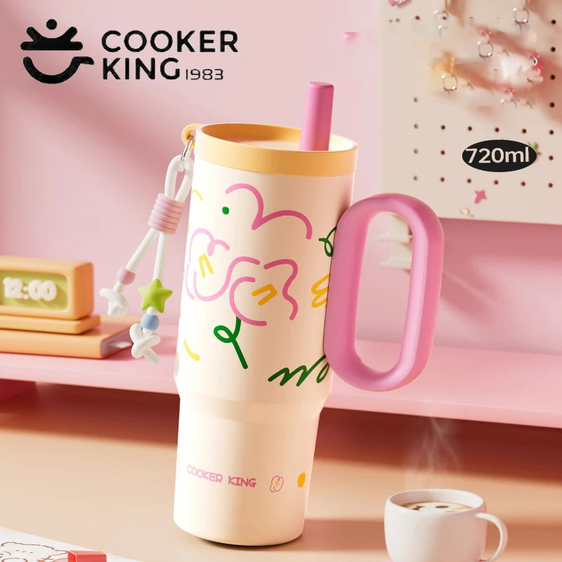 COOKER KING Spot Goods Vacuum Cup Thermal Mug Straw Insulated Ice Cup Car Thermal Mug with Handle Stylish Insulated Coffee Cup