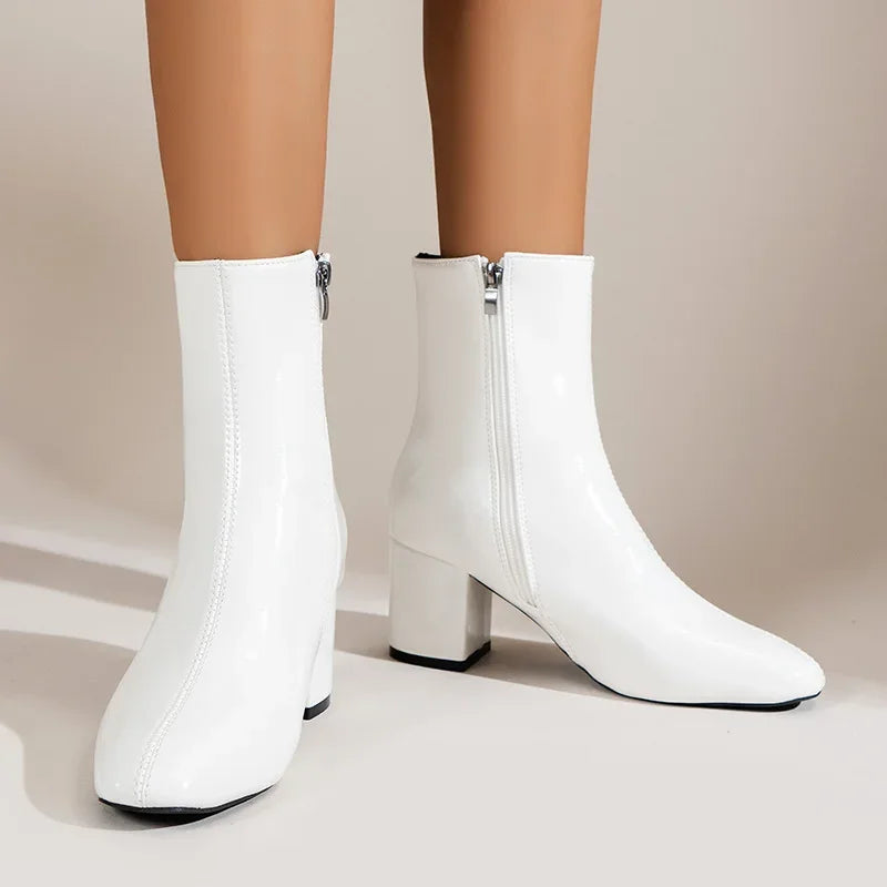 White Ankle Boots for Women 2024 New Side Zipper Stretch Middle Heel Large Size Short Boot Fashion Pointed Shoes Botas De Mujer