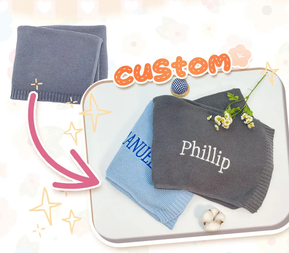 Personalized Embroidered Name Knitted Cotton Blanket Stroller Cover Kids Nap Blanket for Newborn Baby Shower Gift