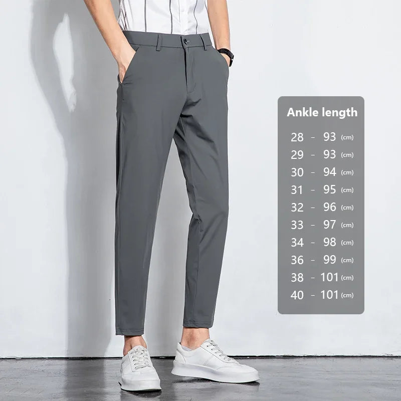 Summer Stretch Suit Pants Men Thin Business Solid Color Slim Ankle-Length Casual Formal Office Trousers