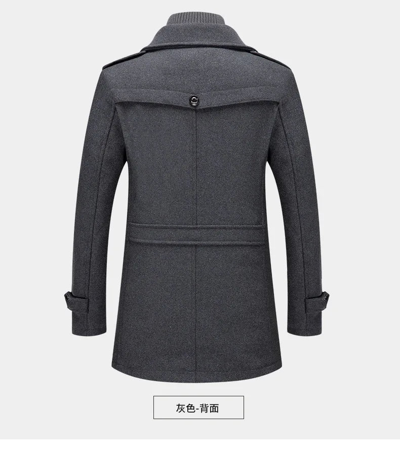 New Winter Mens Wool Blends Coats Solid Color Thick Warm Woolen Overcoat Double Neck Trench Coat Men Single Breasted Windbreaker