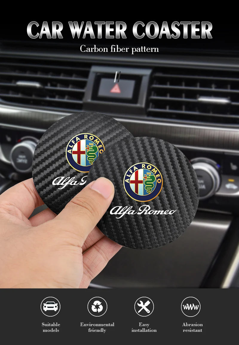 2Pcs For Alfa Romeo Giulia Stelvio 156 Tonale Brera Giulietta Disco Vola Car Carbon Leather Water Cup Pad Anti-noise Coaster Mat