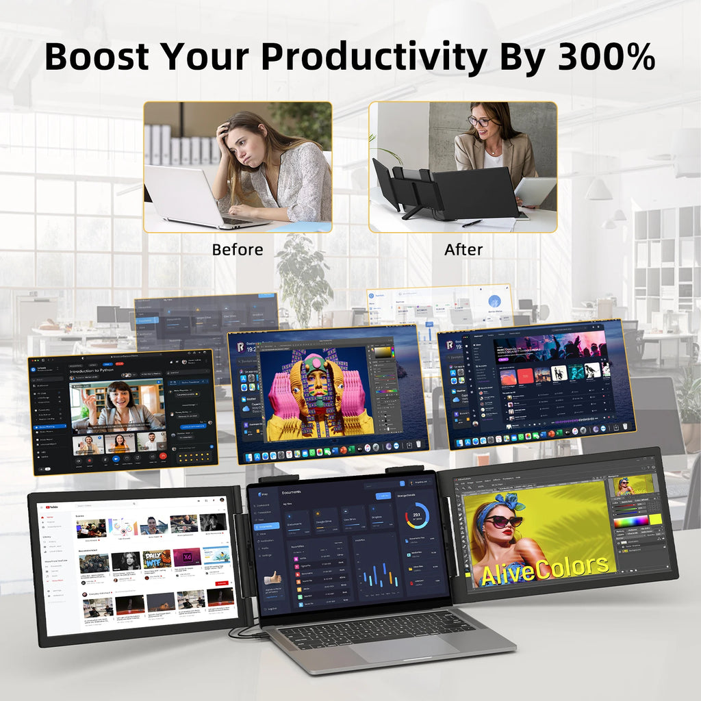 Amoudo14 Inch Dual Portable Monitor 1920*1080P IPS Portable Triple Monitor with USB-C Port for 14-16.5" Laptops Windows/Mac Xbox