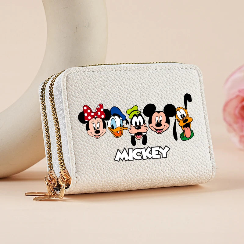 Mickey Minnie Women's Double Zipper Wallet Lychee Pattern Fashion Short Credit Card Holder with Large Capacity Coin Purse