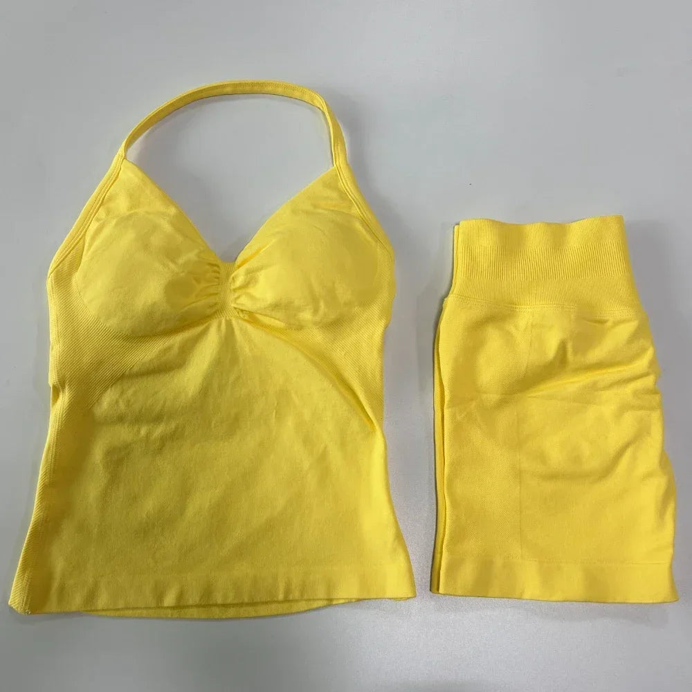 2 Pieces Sports Set Women Backless Tank Tops High Waist Scrunch Seamless Shorts Sport Suit Gym Set Sportswear Workout Set