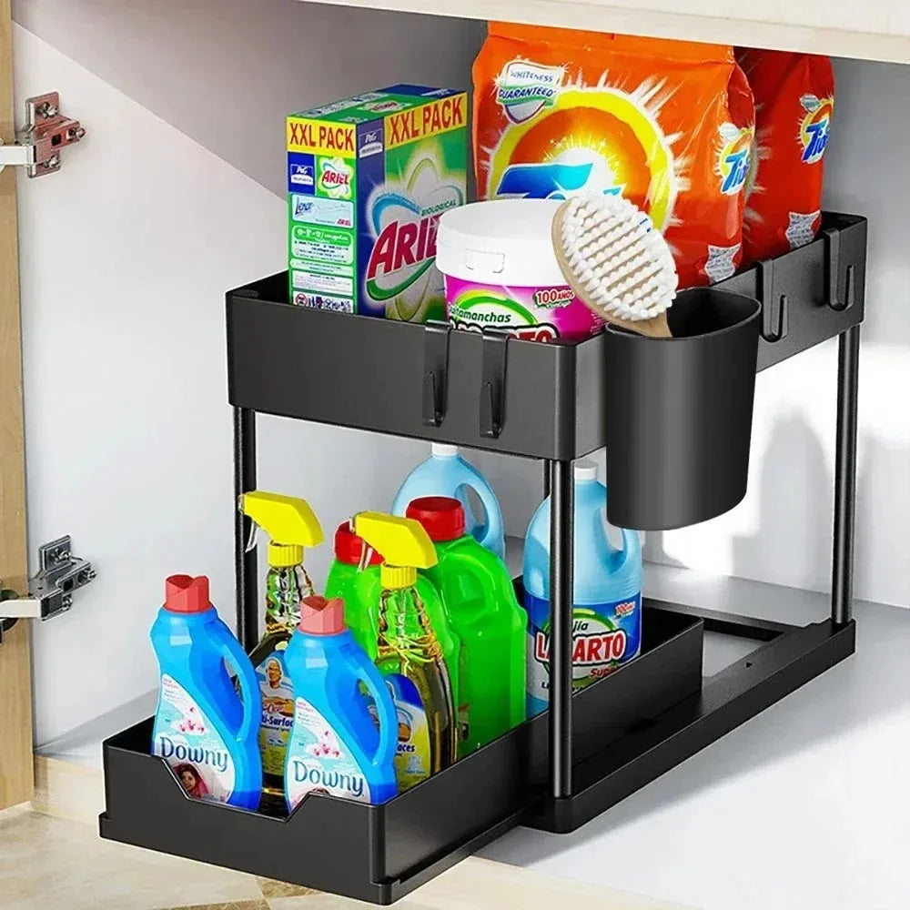 Hot-selling 2-Tier Kitchen Storage Rack Pull-Out Sliding Cabinet Basket Storage Shelf Bathroom & Kitchen Organizer