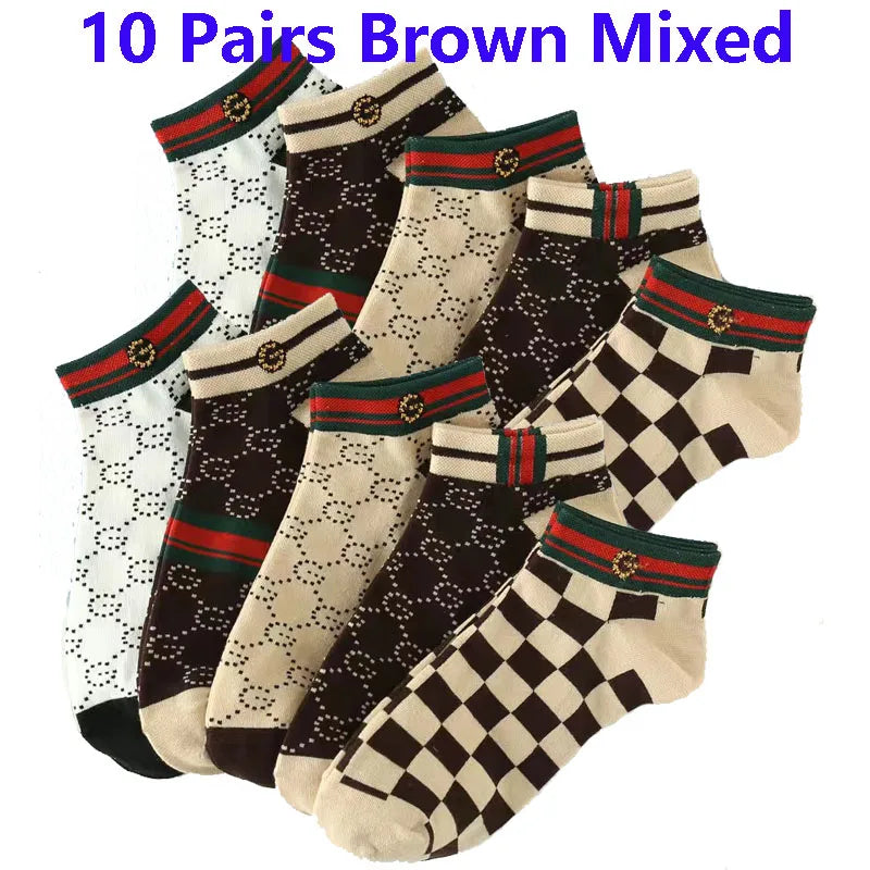 10 Pairs Men's Trendy Short Socks Summer Breathable Geometric Pattern Ankle Socks Luxury Designer Brand Fashion Low Cut Socks