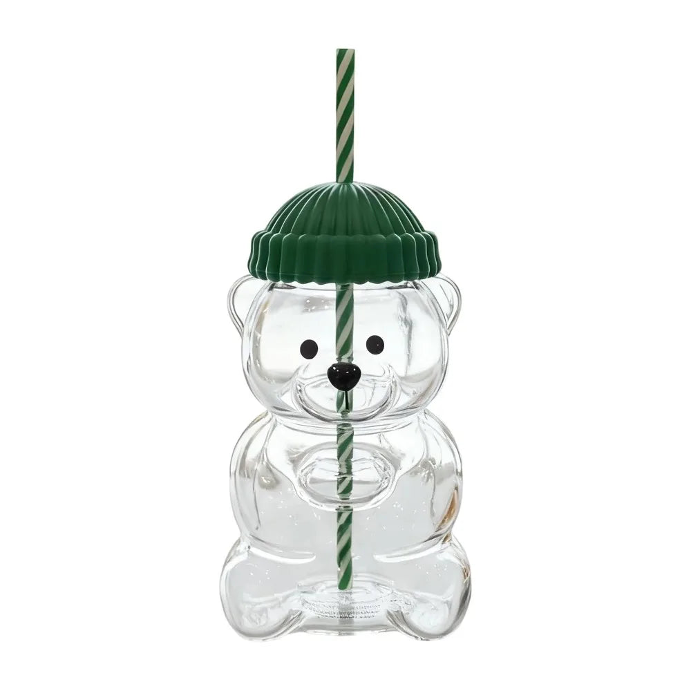Cute 2025 Bear Glass Cup Transparent Large Capacity Glass Cup with Straw With Lid Bear Straw Cup Home Bar