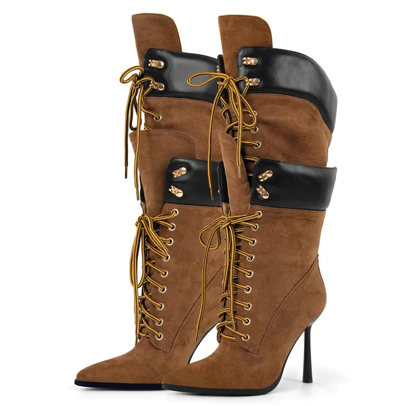 Onlymaker Women Pointed Toe Double Stiletto High Heel Lace Up Mid-Calf Boots