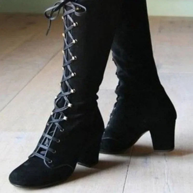 Roman Boots 2024 New Autumn and Winter Fashionable Lace Up Knight Boots Round Toe High-heeled Retro Women's Shoes Zapatos Mujer