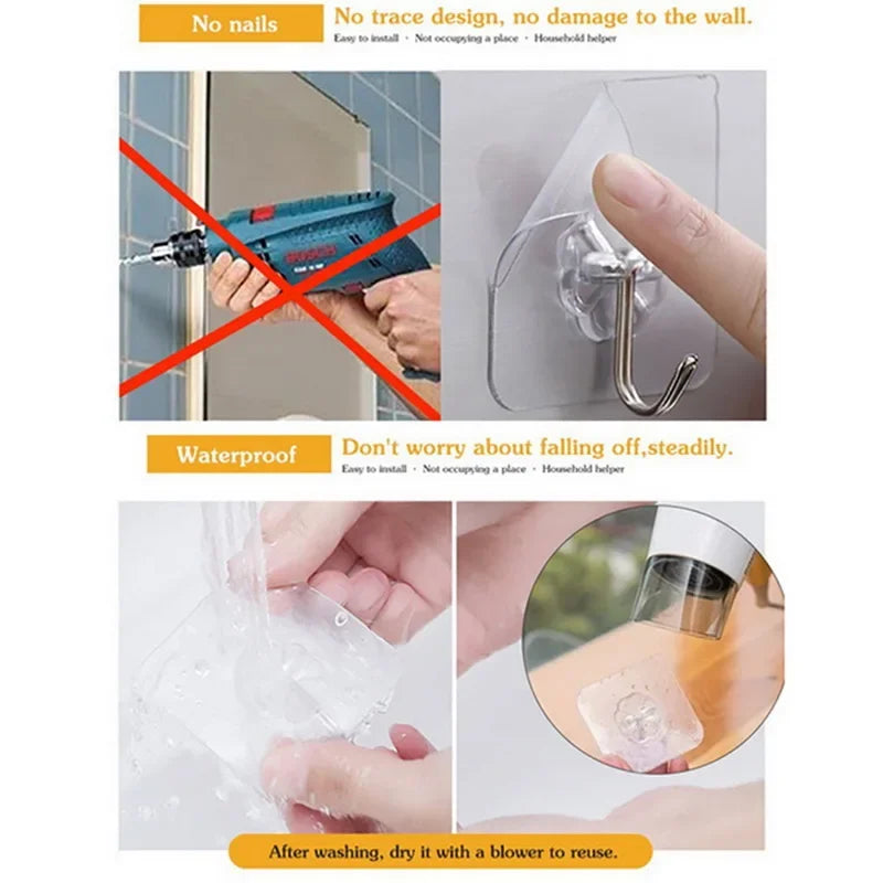 50pcs Transparent Stainless Steel Self-Adhesive Hooks Bathroom Towel Clothes Storage Sticker Hook Key Hangers Storage Holder