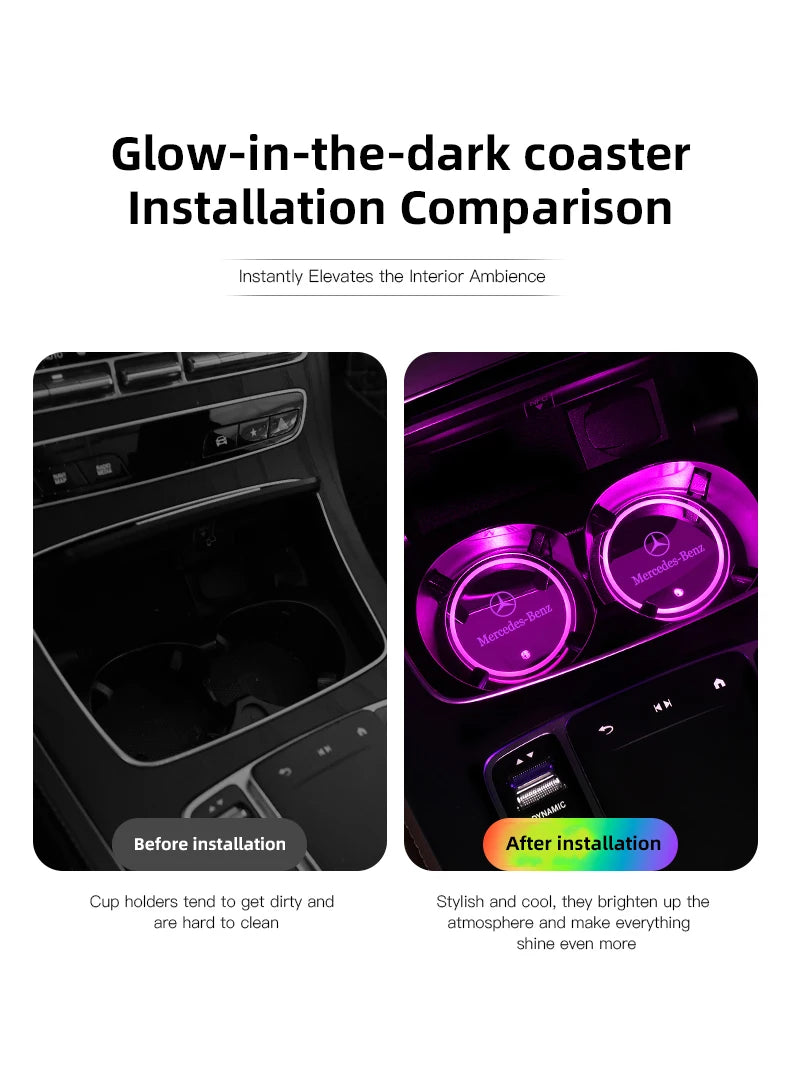 Car Glowing Coasters LED Light Water Cup Mat For Mercedes Benz AMG W203 W206 W220 W205 W211 Car USB Charging Coasters keychain