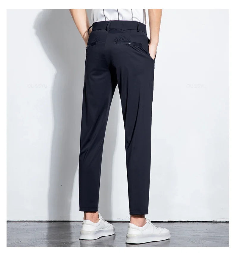Summer Stretch Suit Pants Men Thin Business Solid Color Slim Ankle-Length Casual Formal Office Trousers