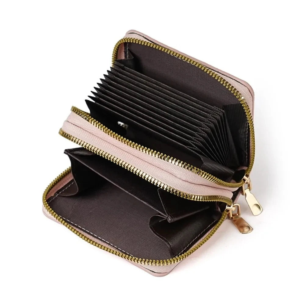 Mickey Minnie Women's Double Zipper Wallet Lychee Pattern Fashion Short Credit Card Holder with Large Capacity Coin Purse
