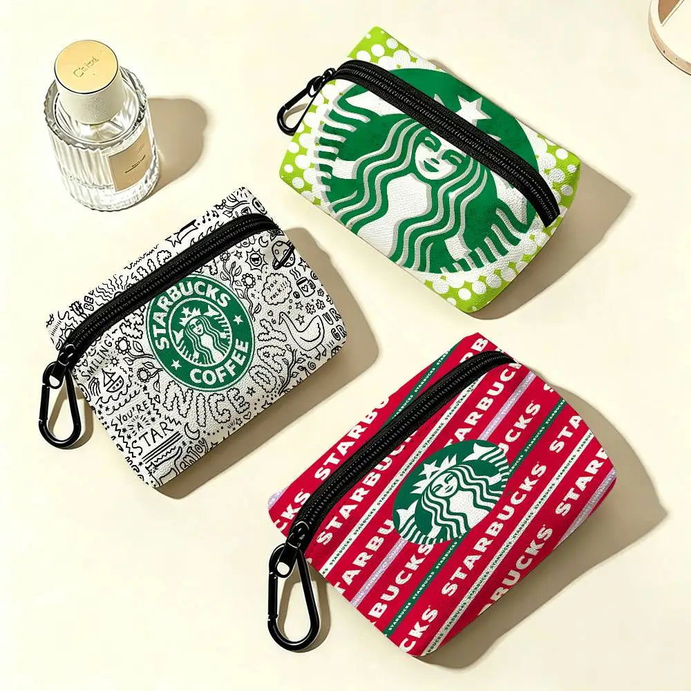Cool S-Starbucks LOGO Mini Hanging Oxford Cloth Coin Bag Durable Zipper Key Card Pouch With Carabiner