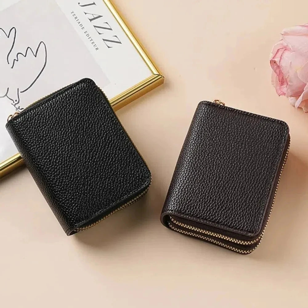 Mickey Minnie Women's Double Zipper Wallet Lychee Pattern Fashion Short Credit Card Holder with Large Capacity Coin Purse