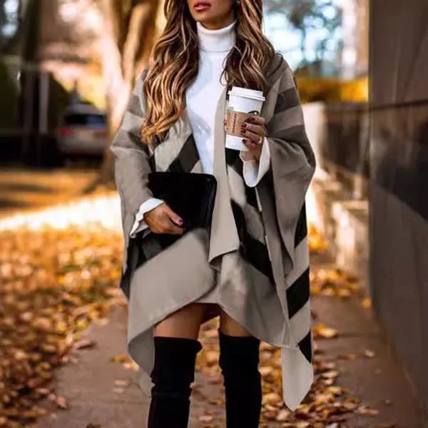 Auutmn Winter Fashion Casual Batwing Fluffy Sleeve Overcoat Women Elegant Knitted Color Block Capes Lady Irregular Ponchos Scarf