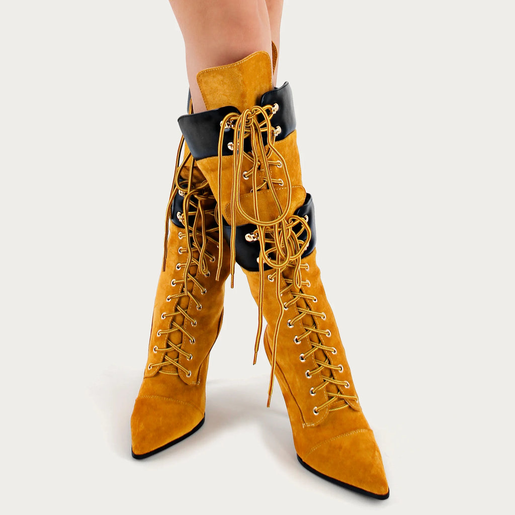 Onlymaker Women Pointed Toe Double Stiletto High Heel Lace Up Mid-Calf Boots
