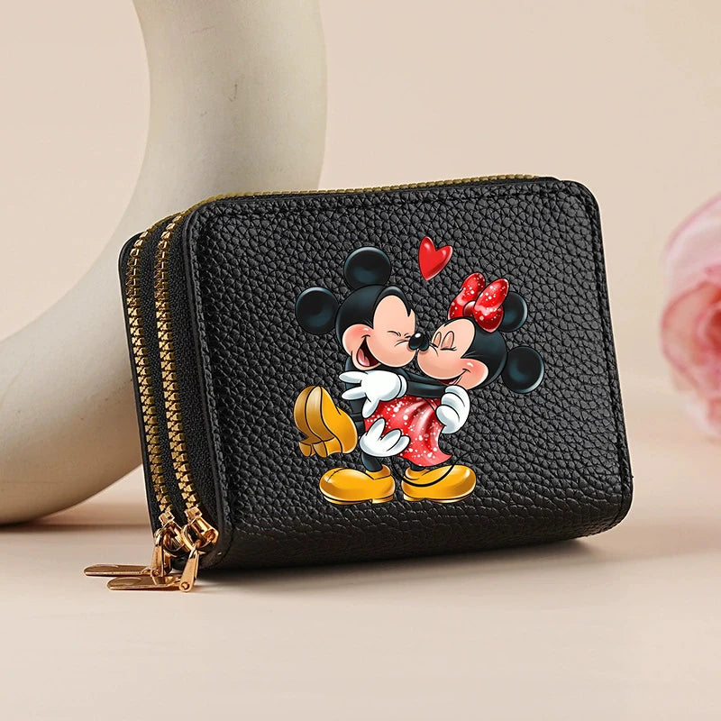 Mickey Minnie Women's Double Zipper Wallet Lychee Pattern Fashion Short Credit Card Holder with Large Capacity Coin Purse