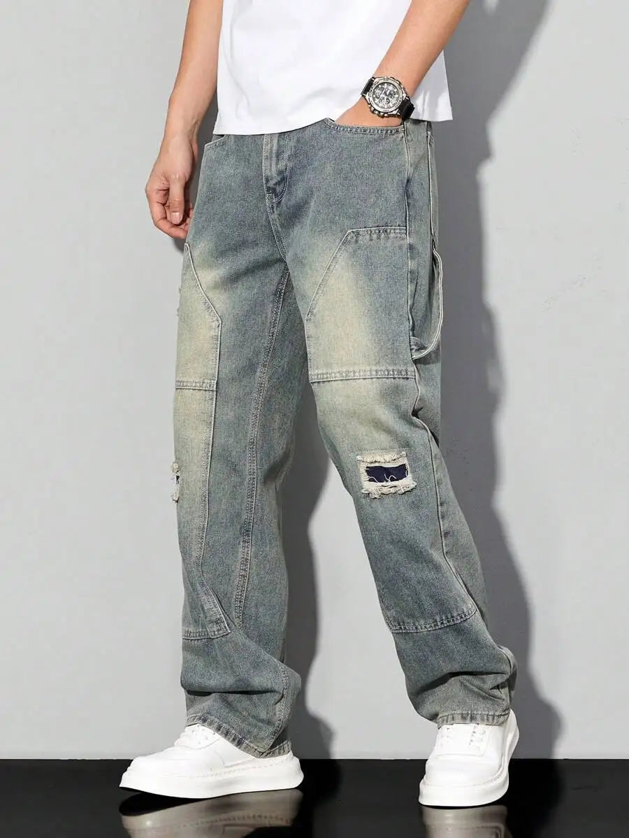 Men's Casual Denim Jeans Spring Autumn Winter Straight Leg Loose Fit Long Pants Double Belt Hole Pocket Daily Wear