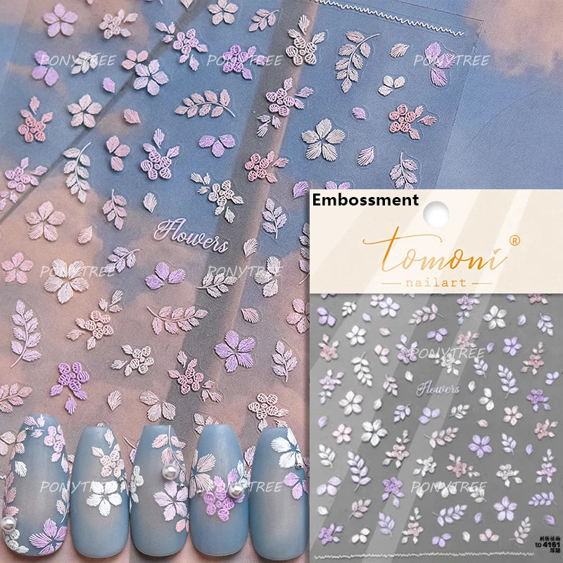Embossed Flower Pink Butterfly Lucky Peach Blossom Chic Spring Petal 5D Soft Relief Adhesive Nail Art Stickers Manicure Decals