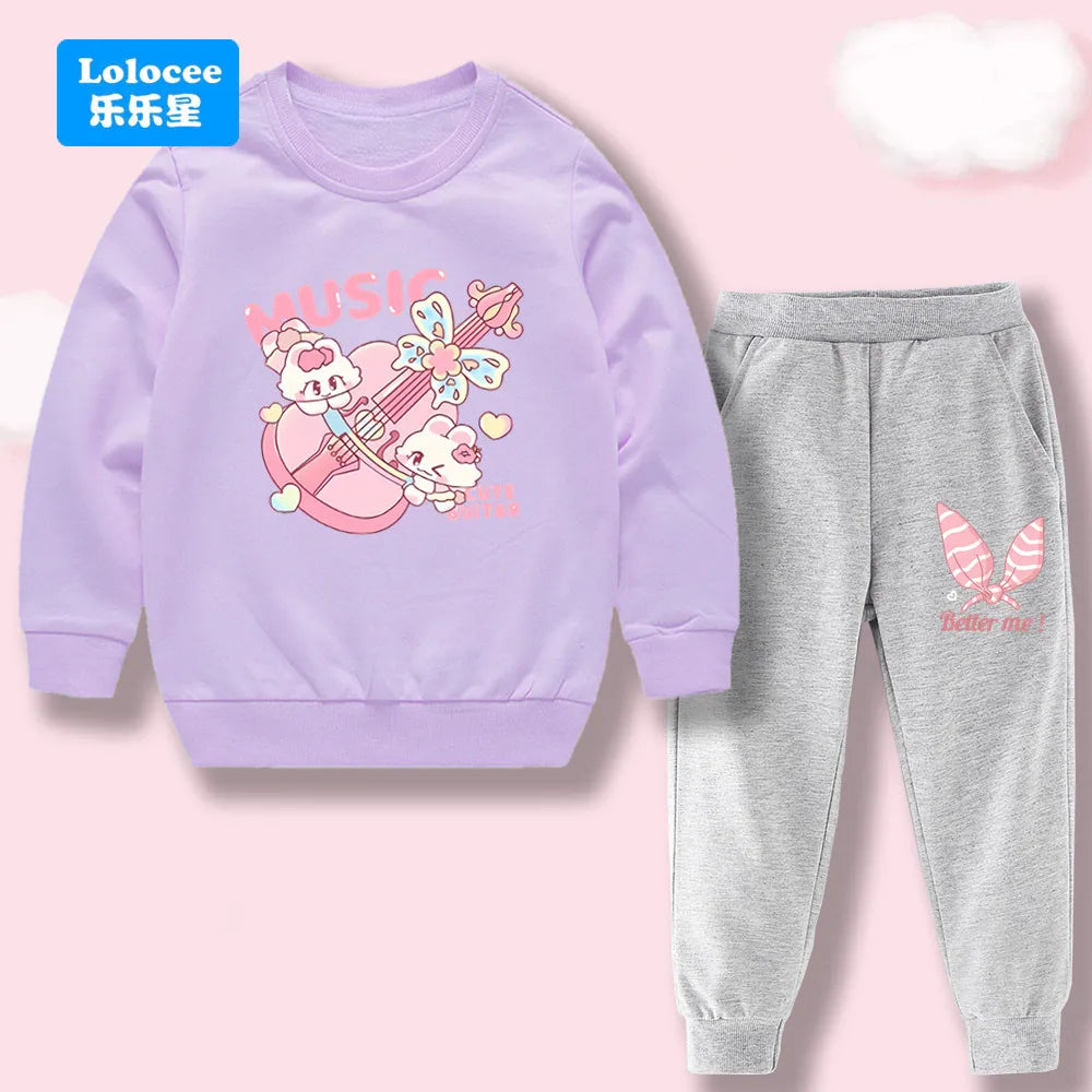 Toddler Girl 2Pcs Outfit: Music Rabbit Cartoon Sweatshirt + Black Pants Kids Casual Clothing Set Kids Tracksuit (3-14Y)  YL01