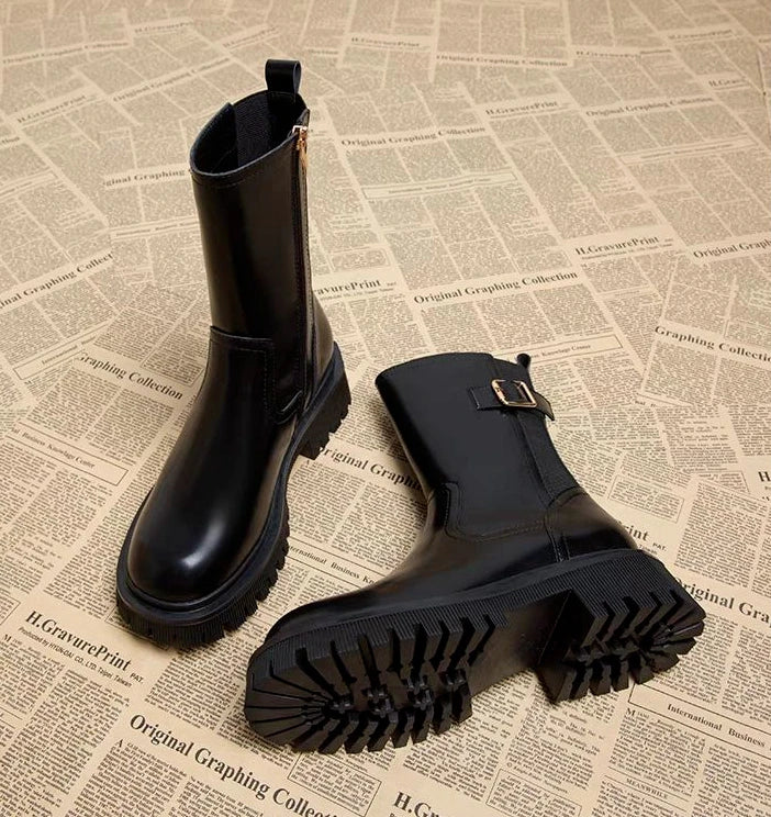 Women's Half High Boots Round Toe Chelsea Ladies Mid Calf Shoes Middle Heel Brown Footwear Spring Autumn Sale Gothic Demi-season