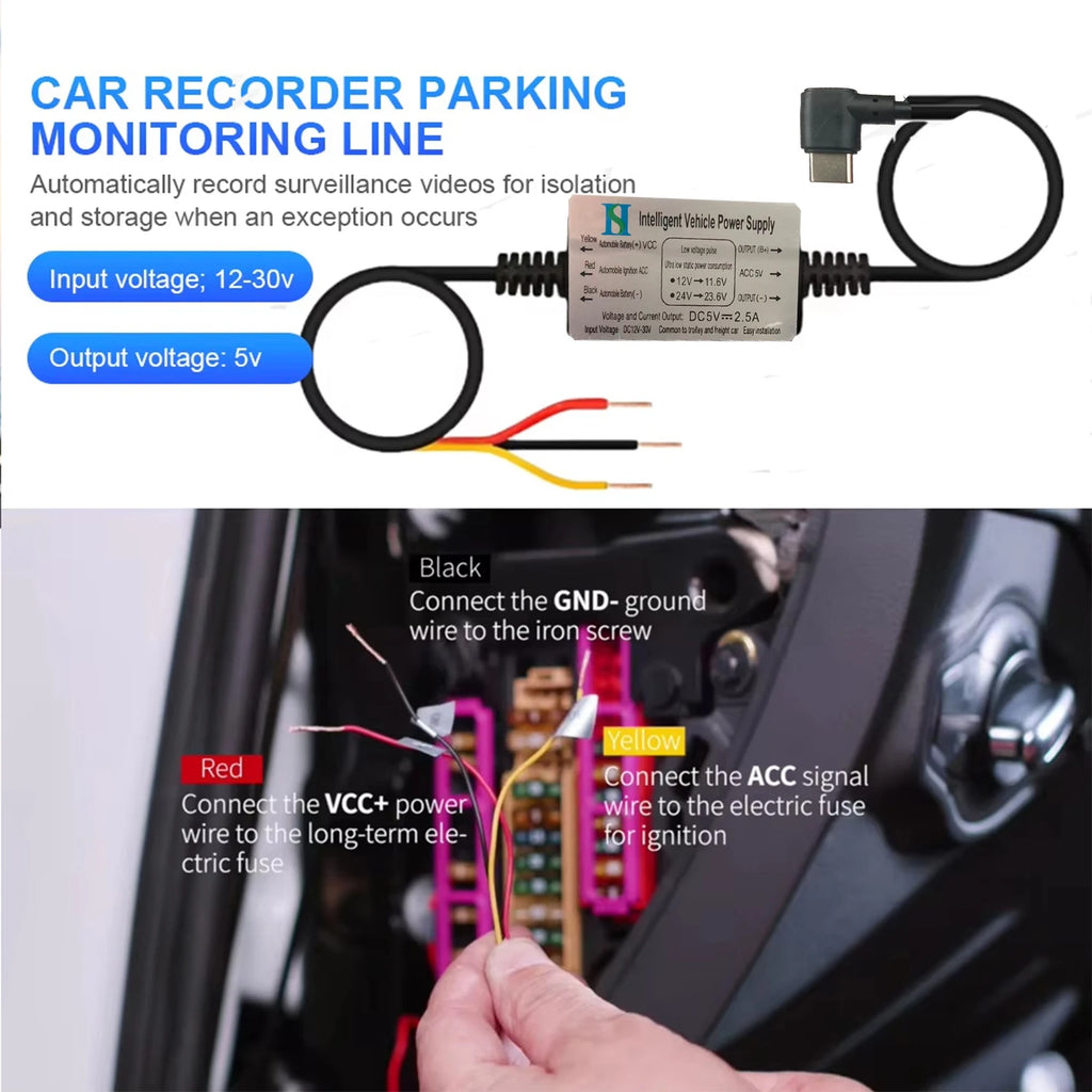 Dash Cam Hardwire Kit (12V-24V to 5V), Type C Hardwire Kit for Dash Camera with Acc Functionality, Add a Circuit Fuses, 24h Park