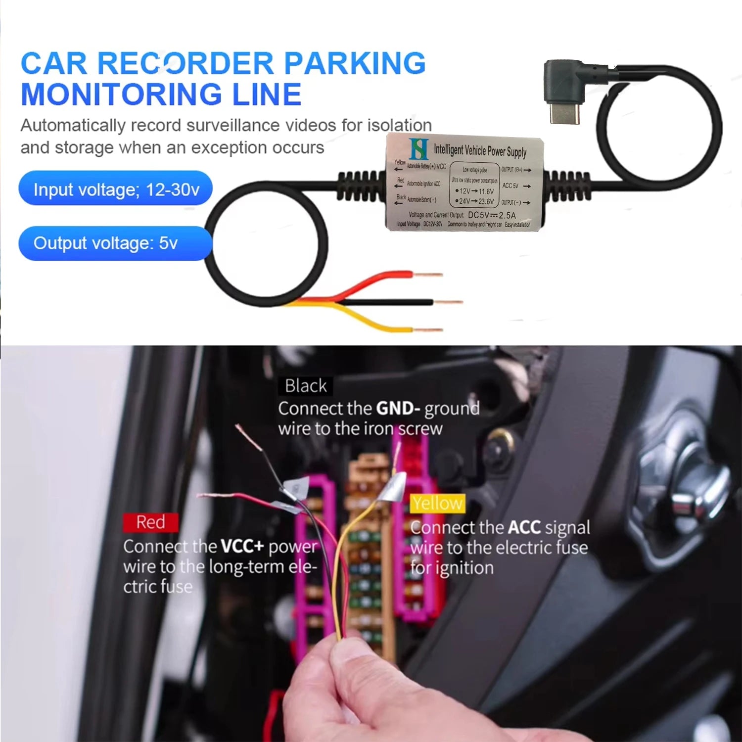 Dash Cam Hardwire Kit (12V-24V to 5V), Type C Hardwire Kit for Dash Camera with Acc Functionality, Add a Circuit Fuses, 24h Park