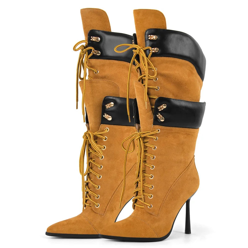 Onlymaker Women Pointed Toe Double Stiletto High Heel Lace Up Mid-Calf Boots