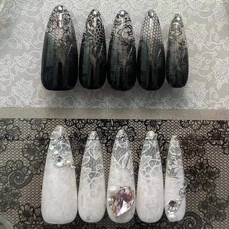 10 Rolls 2.5*50cm Sexy Lace Nail Foils Black White Transfer Paper Nail Art Stickers Stripe Lace Manicure Decals Nail Decorations
