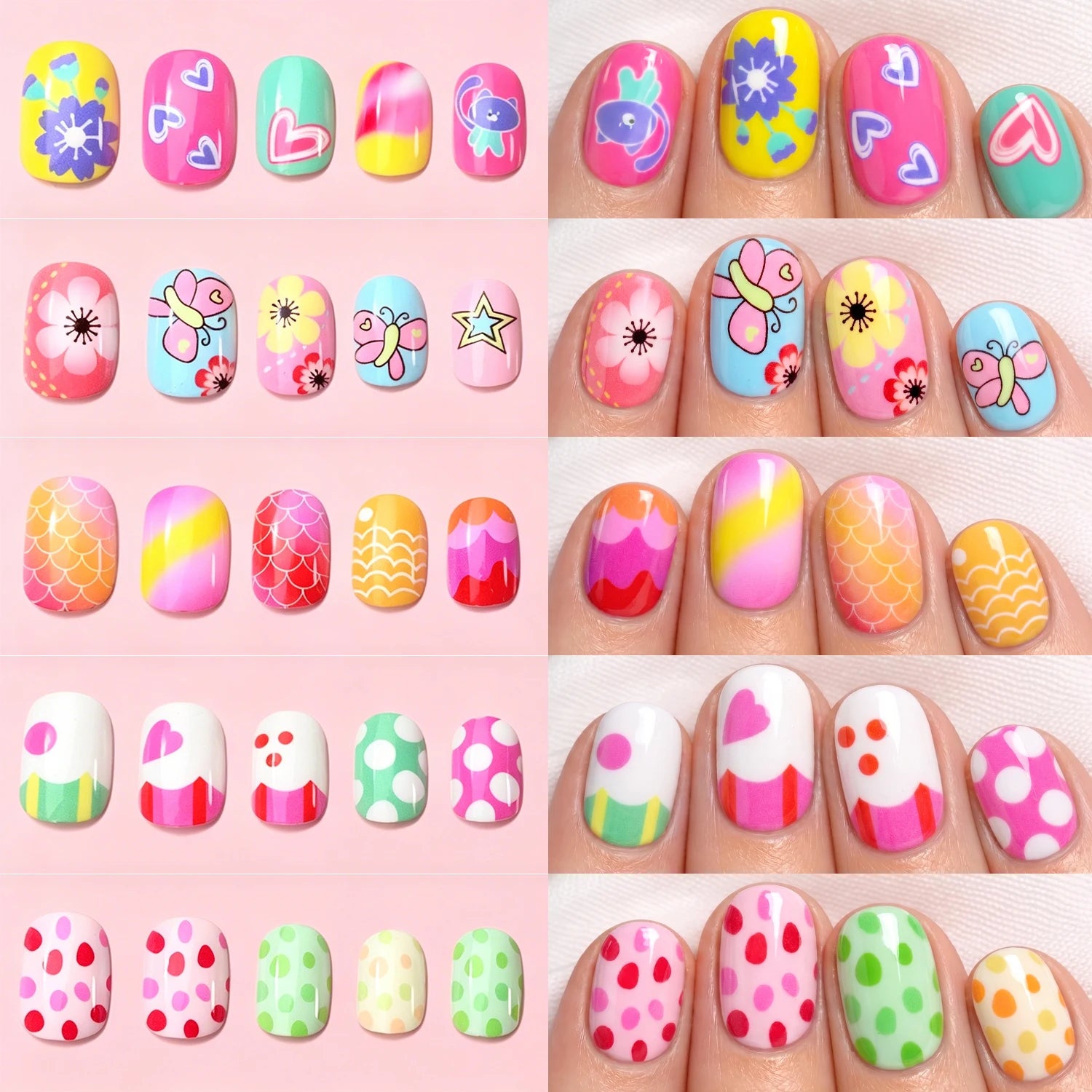 120pcs Square Round Flower Polka Dots Child False Nails Candy Color Mermaid Fish Scales Kids Press On Nails Pink Wearable Nails