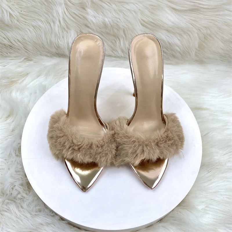 Summer 12CM Ladies Slippers Faux Fur Sexy Peep Toe Pointy Toe Women Shoes Slip-On Plus Size 46 Model Runway High Heel Sandals