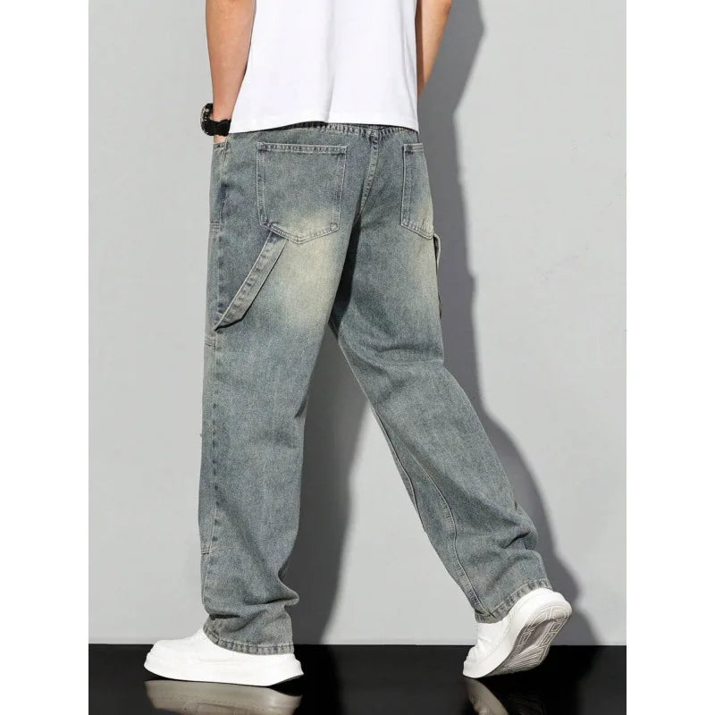 Men's Casual Denim Jeans Spring Autumn Winter Straight Leg Loose Fit Long Pants Double Belt Hole Pocket Daily Wear