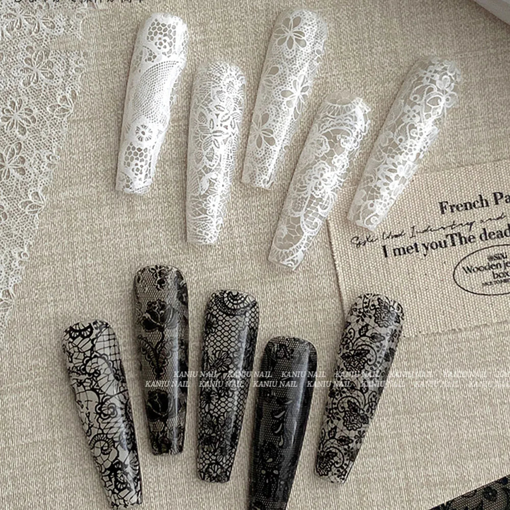 10 Rolls 2.5*50cm Sexy Lace Nail Foils Black White Transfer Paper Nail Art Stickers Stripe Lace Manicure Decals Nail Decorations
