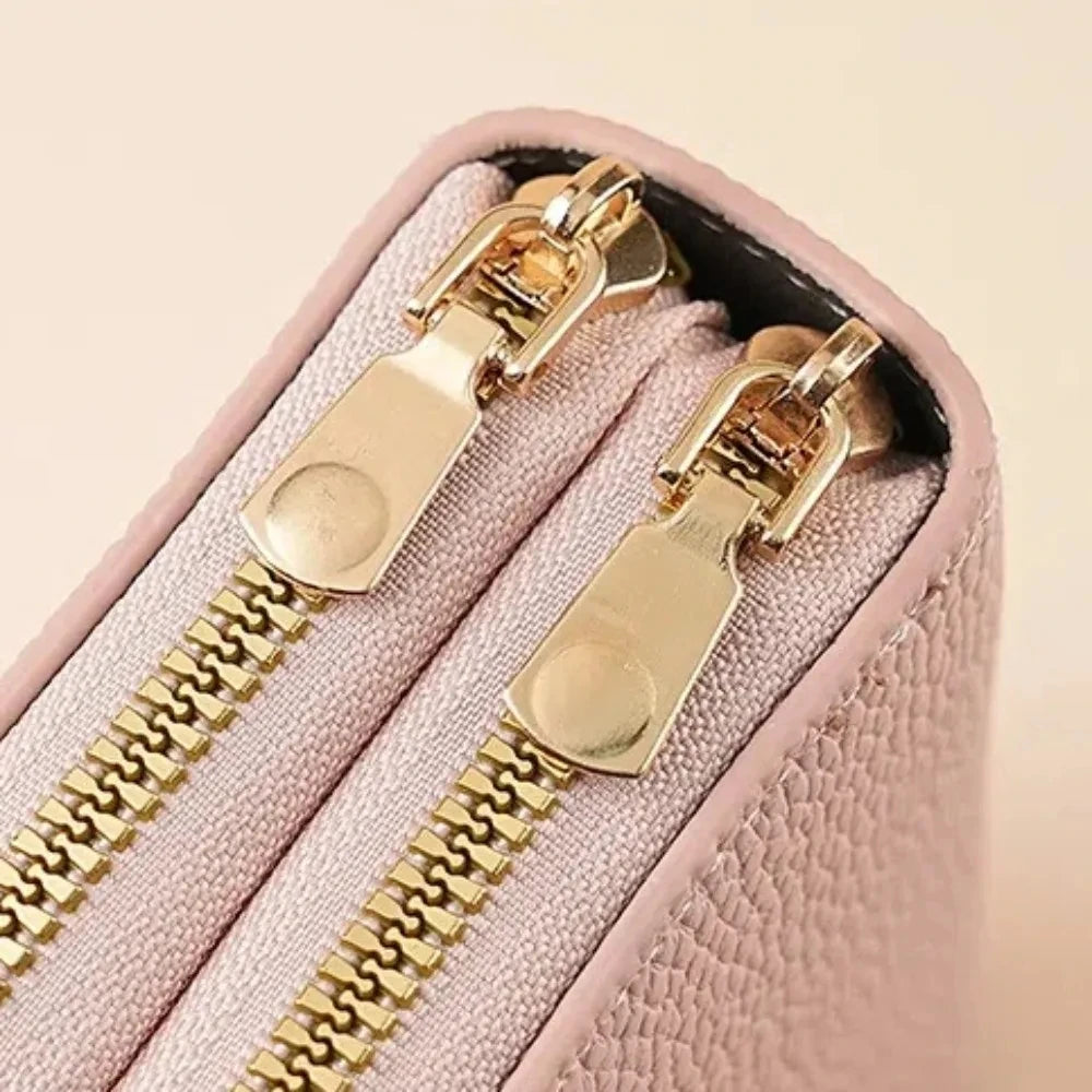 Mickey Minnie Women's Double Zipper Wallet Lychee Pattern Fashion Short Credit Card Holder with Large Capacity Coin Purse