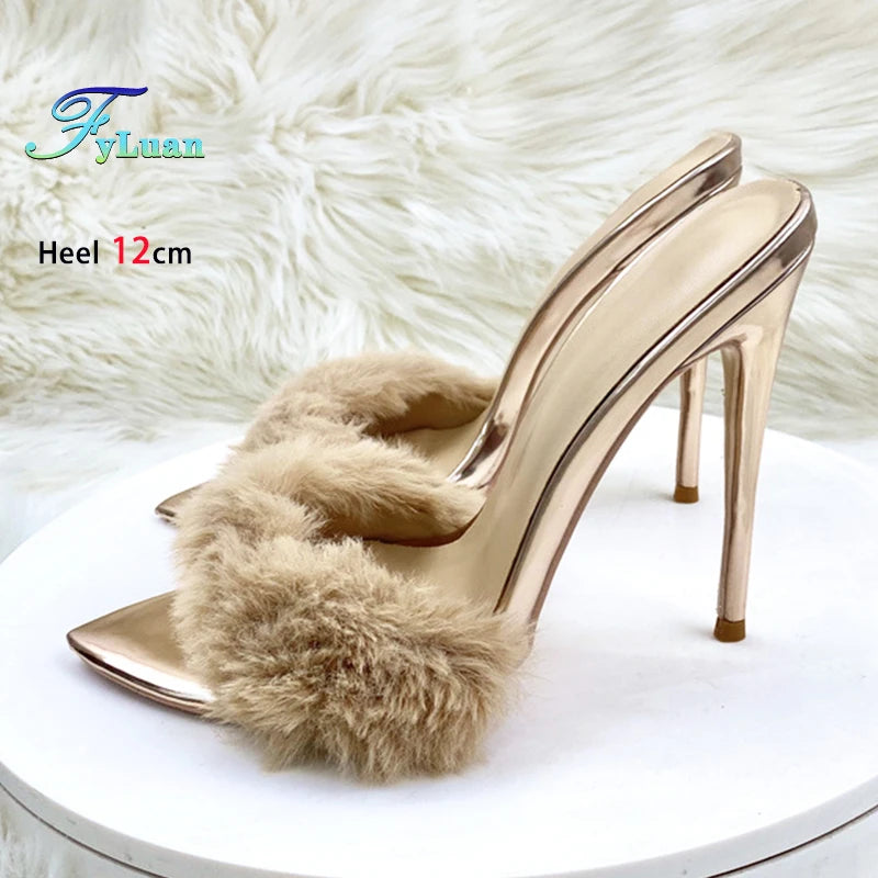 Summer 12CM Ladies Slippers Faux Fur Sexy Peep Toe Pointy Toe Women Shoes Slip-On Plus Size 46 Model Runway High Heel Sandals
