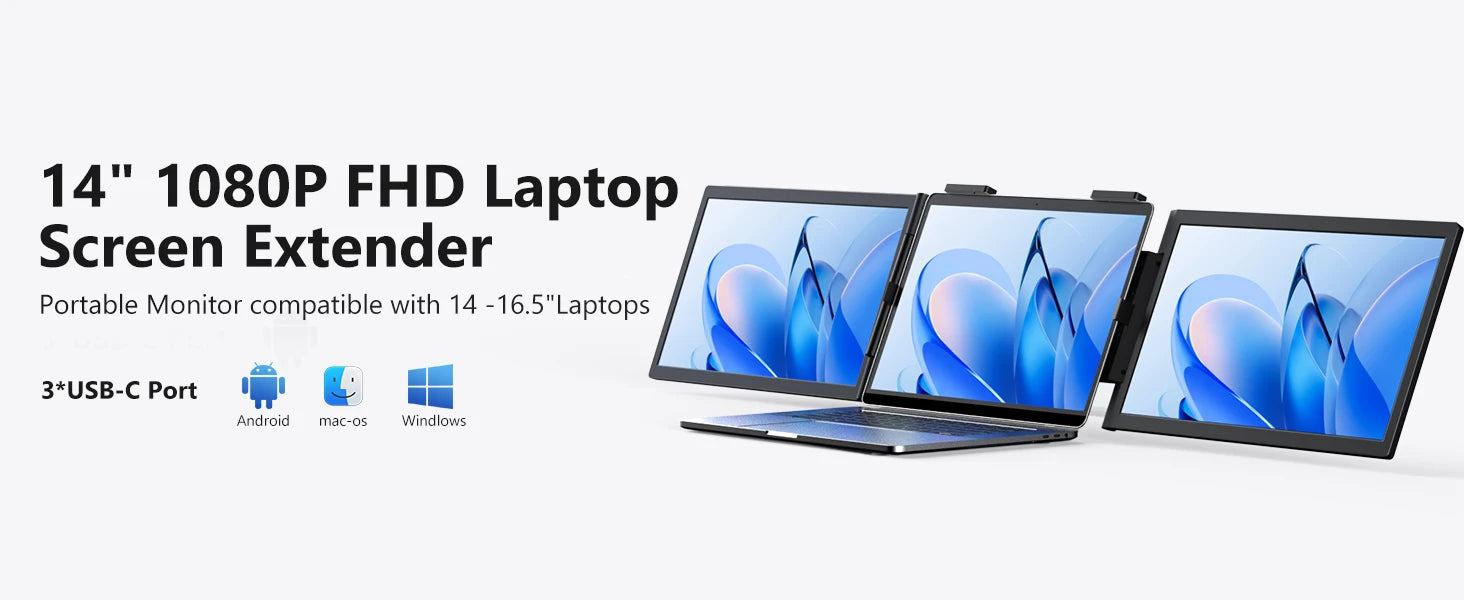 Amoudo14 Inch Dual Portable Monitor 1920*1080P IPS Portable Triple Monitor with USB-C Port for 14-16.5" Laptops Windows/Mac Xbox