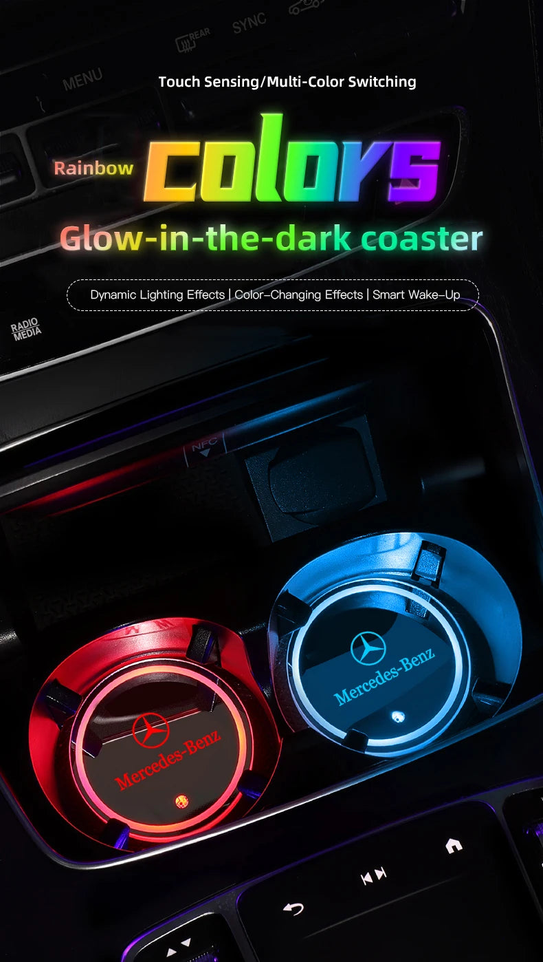 Car Glowing Coasters LED Light Water Cup Mat For Mercedes Benz AMG W203 W206 W220 W205 W211 Car USB Charging Coasters keychain
