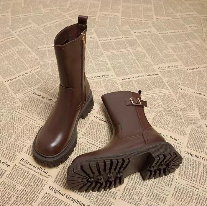 Women's Half High Boots Round Toe Chelsea Ladies Mid Calf Shoes Middle Heel Brown Footwear Spring Autumn Sale Gothic Demi-season